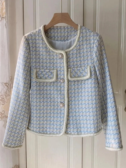 Veste en tweed parfumée vintage française de haute qualité pour femme, manteau court décontracté à carreaux pour printemps et automne