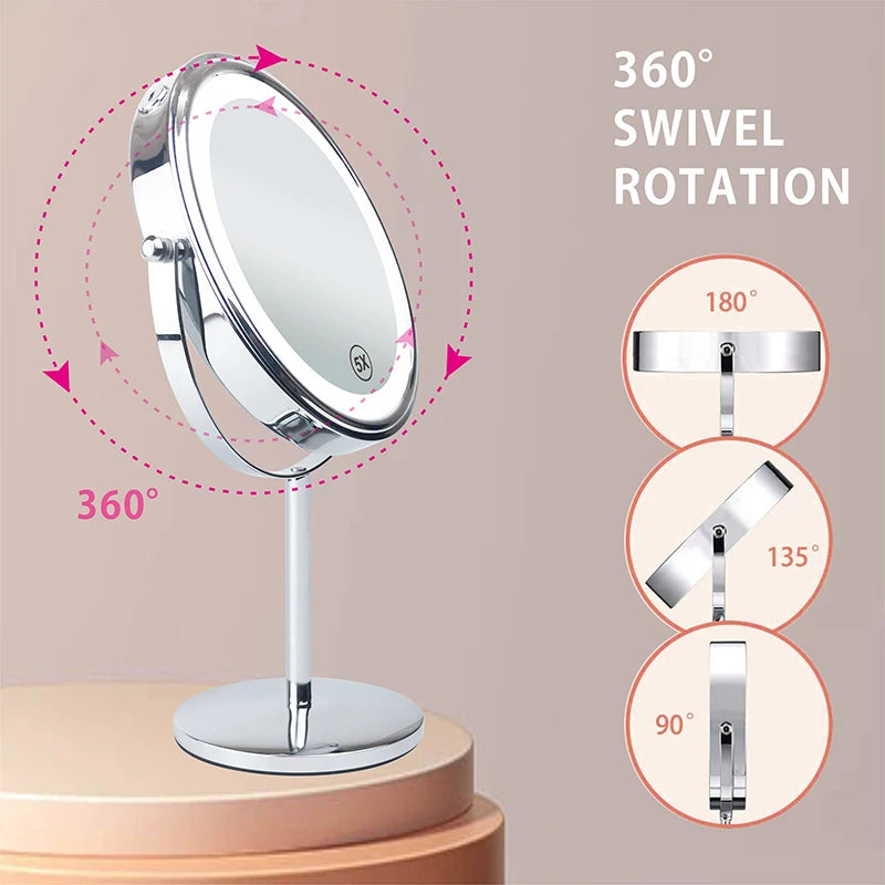 Miroir de maquillage à LED grossissant 10X de 8 pouces avec interrupteur tactile à 3 couleurs de lumière, miroir cosmétique de bureau à chargement USB double face