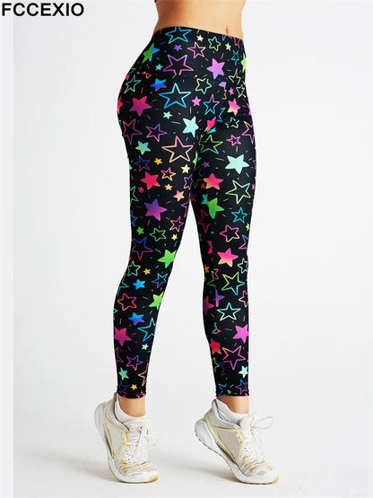 FCCEXIO Sexy New Many Colorful Stars Print Women's Sports Leggings High Waist Running Tght Fitness Workout Yoga Gym Pants