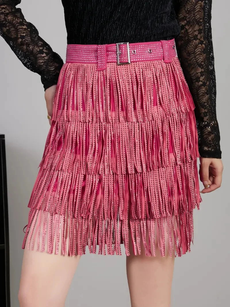 Rhinestones Multi-layer Tassel Belted Mini Skirt Casual Skirt For Spring& Summer Women's Clothing