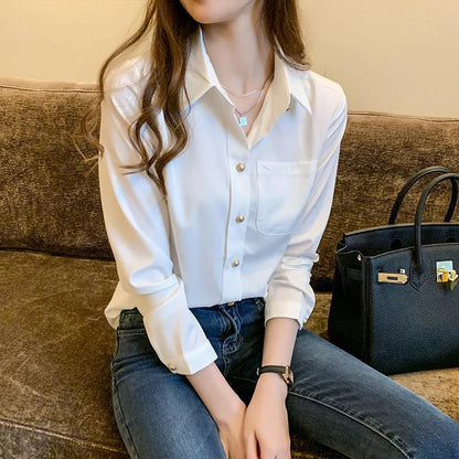 White Chiffon Office Women Shirts Korean Elegant Pearl Loose Long Sleeve Female Blouse Autumn New Pocket Chic Ladies Casual Tops