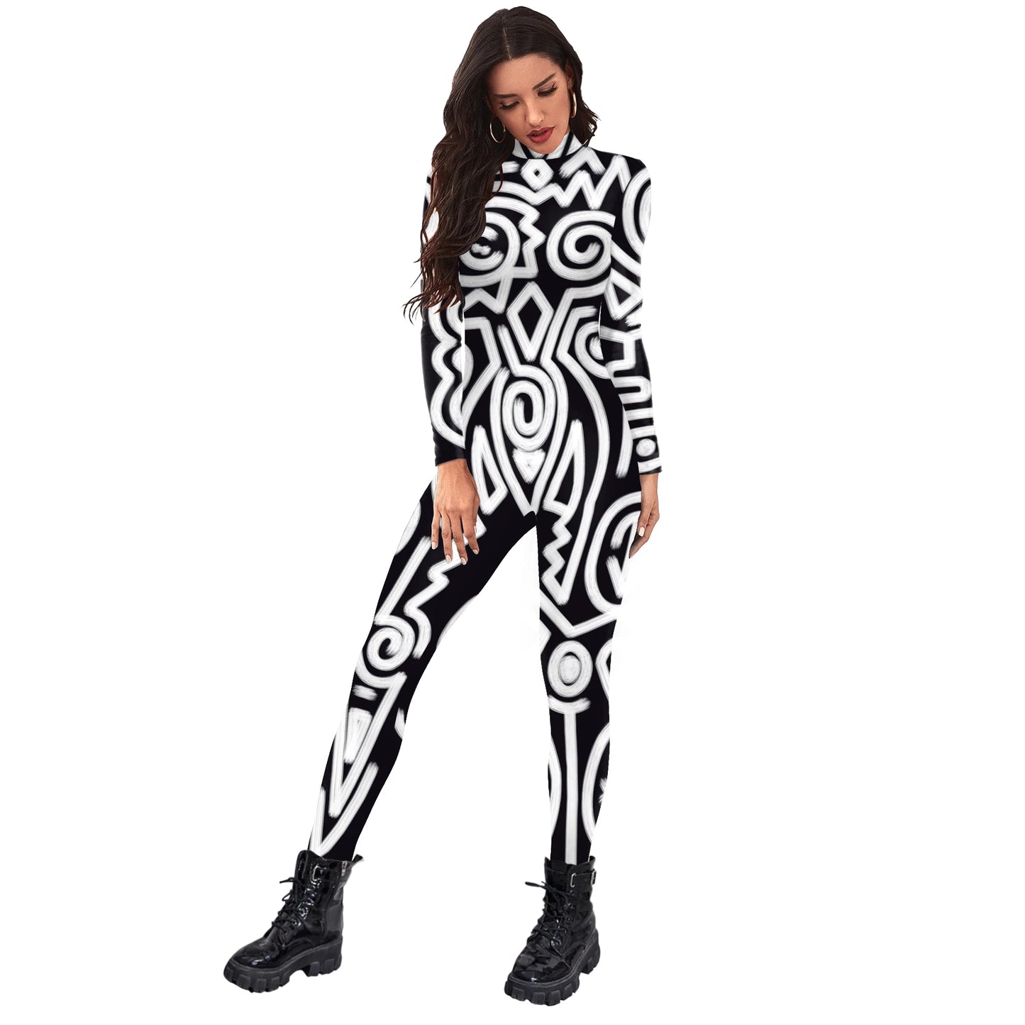 FCCEXIO Geometry Print Holiday Party Bodysuit Women Jumpsuit Carnival Party Stretch Casual Wear Cosplay Costume Sexy Jumpsuit