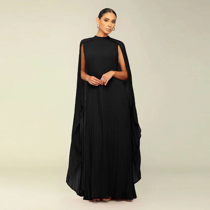 Female Stylish Solid Color Round-Neck Shawl Chiffon Evening Dresses 2024 Spring Autumn Long Sleeves Pleated A-Line Maxi Dresses