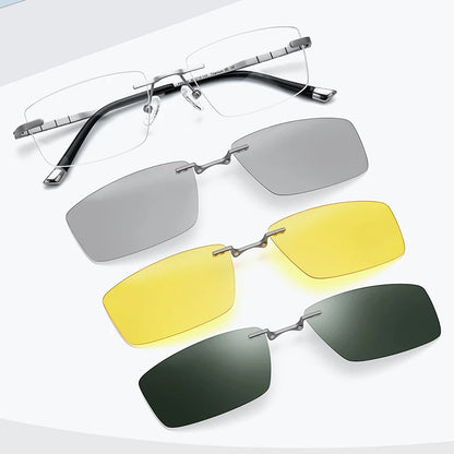 FONEX Titan-Brillenrahmen für Herren, quadratisch, Magnetclip, randlose Brille mit 3D- und polarisierten Gläsern und Nachtsichtgläsern F85761