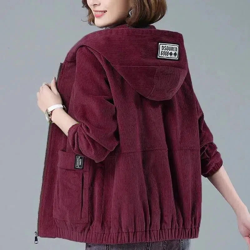 Corduroy Short Coat 5XL Women's 2024 Spring Autumn New Korean Loose Solid Hooded Jacket Fashion Casual Female Zipper Coat Tops