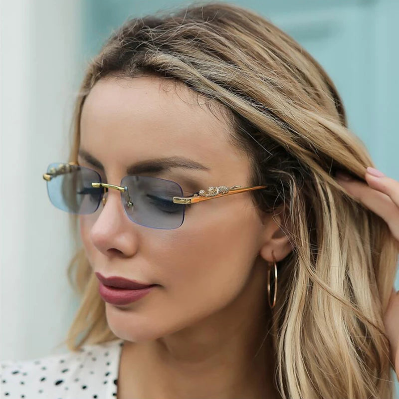 Lunettes de soleil carrées sans monture léopard de marque de luxe pour femmes, nuances sans cadre à la mode pour femmes UV400