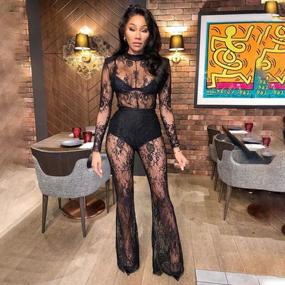 Summer Women Fashion Lace Hollow Out Bodysuit Pants Sets Slim Onesies Flare Pants Versatile Women's Chic Long Leggings