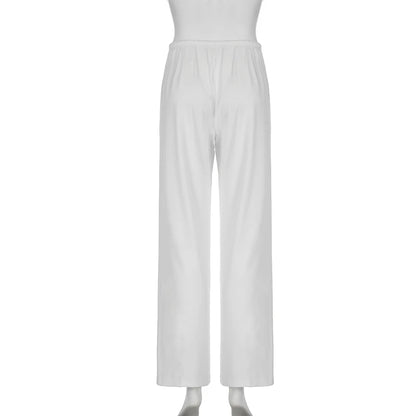 Darlingaga Pantalon décontracté ample blanc à jambe droite pour femme, vêtement d'intérieur, pantalon de survêtement froncé, basique, tout-assorti, longueur totale