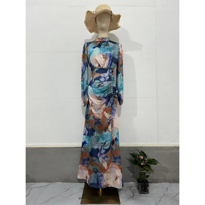 Colorful Printed Pleated Dress Women Half High Collar Long Lantern Sleeves Dresses Female Fashion Drawstring Slim Commuter Robe