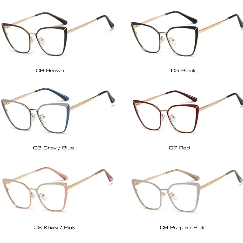 SHAUNA Anti-Blue Light Spring Hinge Women Metal Cat Eye Optical Eyeglasses Frame Double Colors