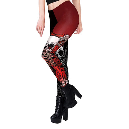 FCCEXIO Frauen Leggings Schwarz Rot Splice Schädel Druck Sexy Legging Weibliche Fitness Leggings Push-Up Stretch Leggins Mujer Halloween