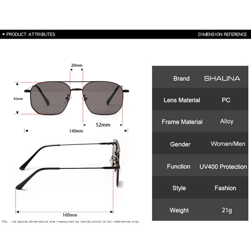 SHAUNA Retro Doppelsteg Sonnenbrille mit Metallrahmen Damenmode Klare Ozeangläser UV400 Herren Trendy Quadratische Sonnenbrille