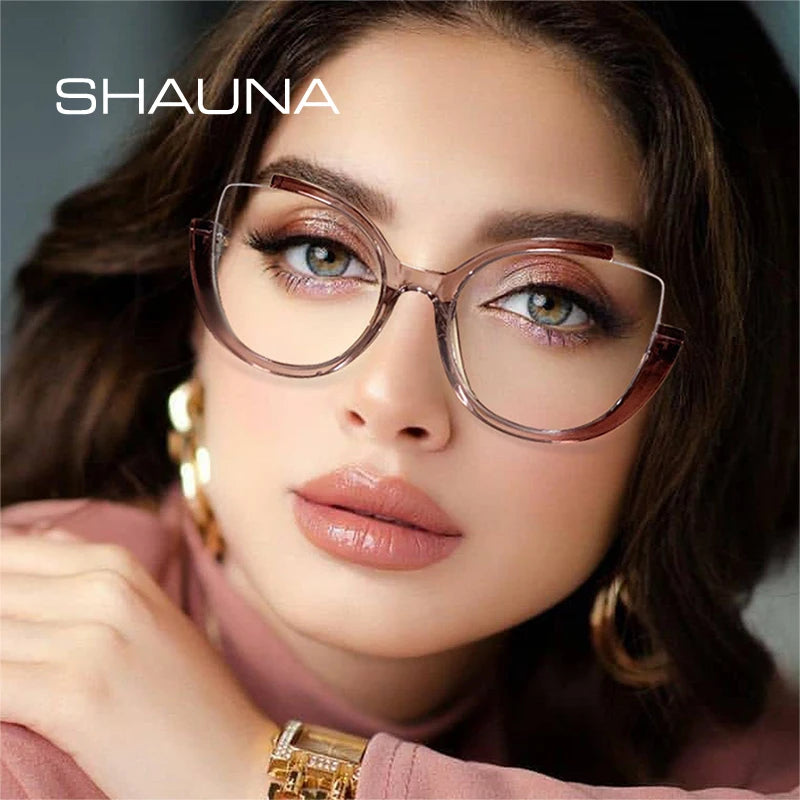 SHAUNA Retro Semi-Rimless Cat Eye Women Glasses Frame Clear Anti-blue Light Eyewear Men Spring Hinge Optical Gradient Frame