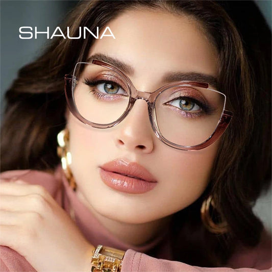 SHAUNA Retro Semi-Rimless Cat Eye Women Glasses Frame Clear Anti-blue Light Eyewear Men Spring Hinge Optical Gradient Frame