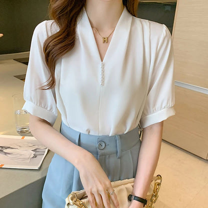 Women Chiffon Blouse Korean New Elegant Pearl Short Sleeve Female Shirt Summer Office V Neck All Match Chic Thin Ladies Tops