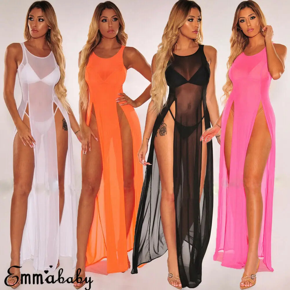 Summer Women Swimsuit Bikini Cover Up Sexy Beach Cover Ups Chiffon Long Dress Elegant Solid Beach Bathing Suit Tunic Hot Sale