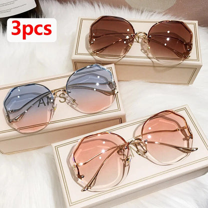 3pcs/set Rimless Sunglasses Women Metal Female Vintage Ladies Stylish Design Oversized Square Sun Glasses UV400