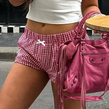 Cuteandpsycho Casual Plaid Print Y2K Shorts Bow Aesthetic Cute Korean Elastic Waist Bottoms for Women Casual Fashion Chic Cloth