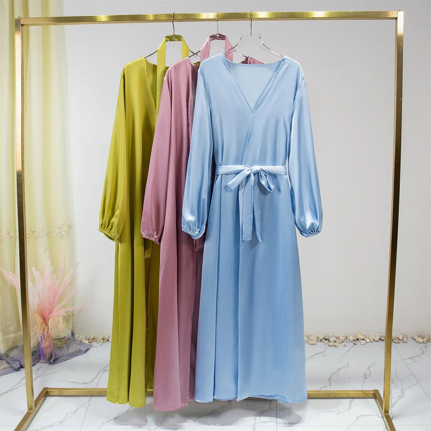 Damen Abayas Muslimischer Kaftan mit Puffärmeln und Schnürung in Maxilänge, Ramadan-Kleider, Jilbabs, vorne offen, Abayas, Oberbekleidung, Strickjacke, Mäntel