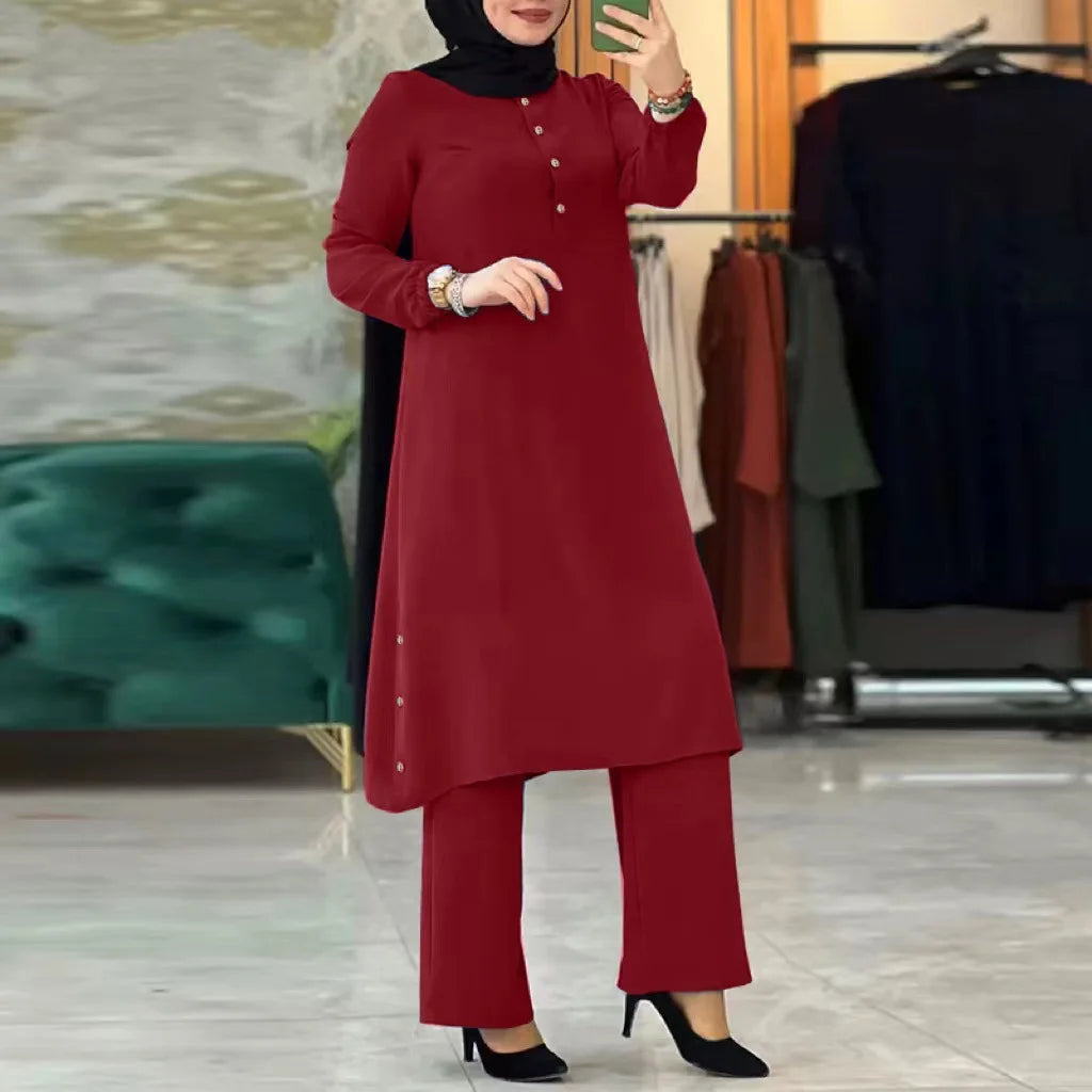 Ensemble deux pièces pour femmes musulmanes, mode élégante, couleur unie, chemise longue irrégulière, haut, pantalon à jambes larges, robe Abaya, femme musulmane, Dubaï