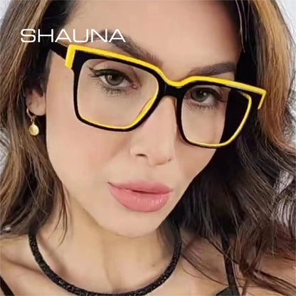 SHAUNA Fashion Double Color Women Cat Eye Glasses Frame Retro TR90 Clear Anti-Blue Light Eyewear Men Optical Blue Yellow Frame