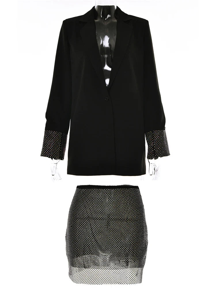 Ensemble blazer brillant à paillettes et diamants pour femme Fantoye, blazer double couche, jupe résille, ensemble deux pièces pour femme, tenue de soirée tendance