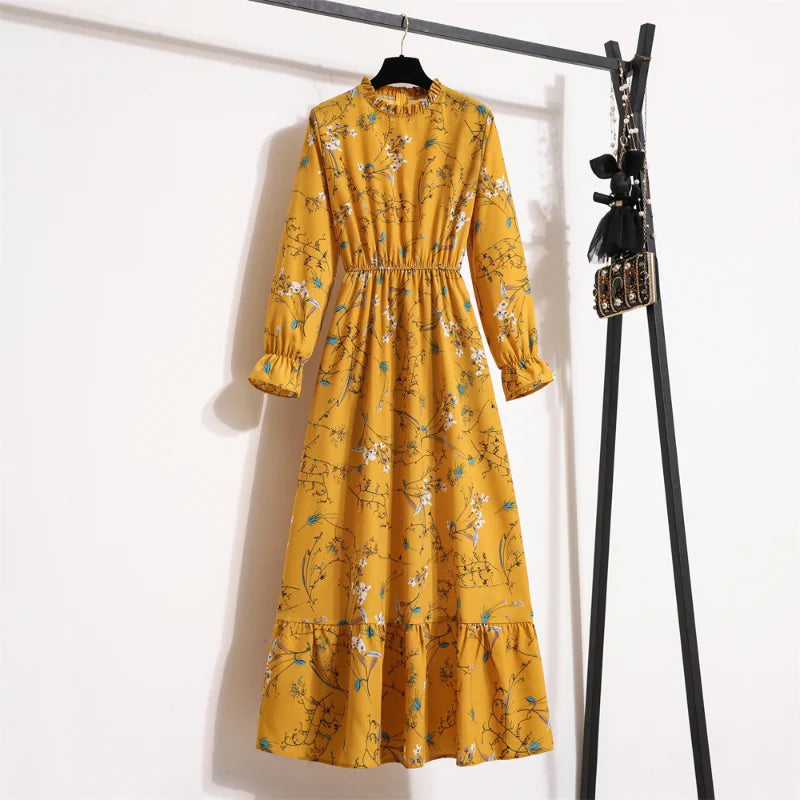 Autumn Spring Vestidoes Woman Chiffon Dresses Full Sleeve Vintage Printed Floral Zipper Casual Long Dress Women Maxi Dresses