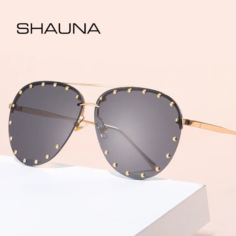 SHAUNA Retro Rivets Women Rimless Pilot Sunglasses Brand Designer Fashion Ladies Gradient Punk Style Glasses