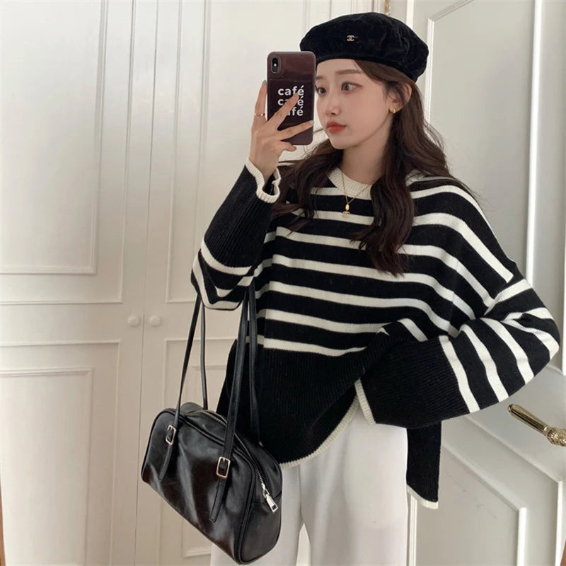 Y2k Sweet Women Striped Sweaters Korean Knitted Loose Long Sleeve Women Pullovers Autumn Retro Preppy Style Ladies Casual Tops