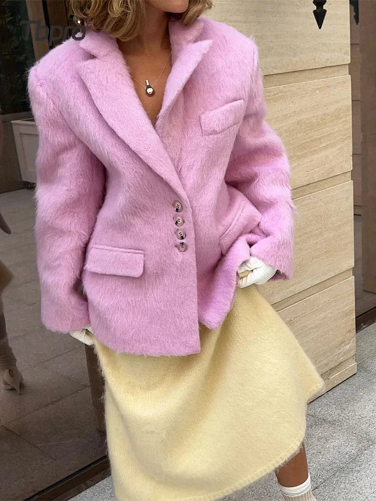 Blazer à manches longues et revers rose tendance pour femme, veste chaude, épaisse, simple boutonnage, ample, vêtement d'extérieur, bureau, trajet, streetwear