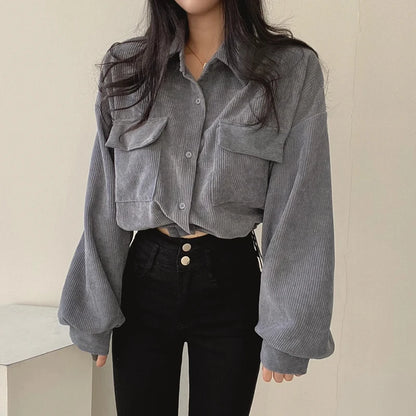 Cord Frauen Casual Shirts Herbst Koreanische Retro Taschen Weibliche Bluse Verband Alle Spiel Langarm Damen Damen Crop Tops