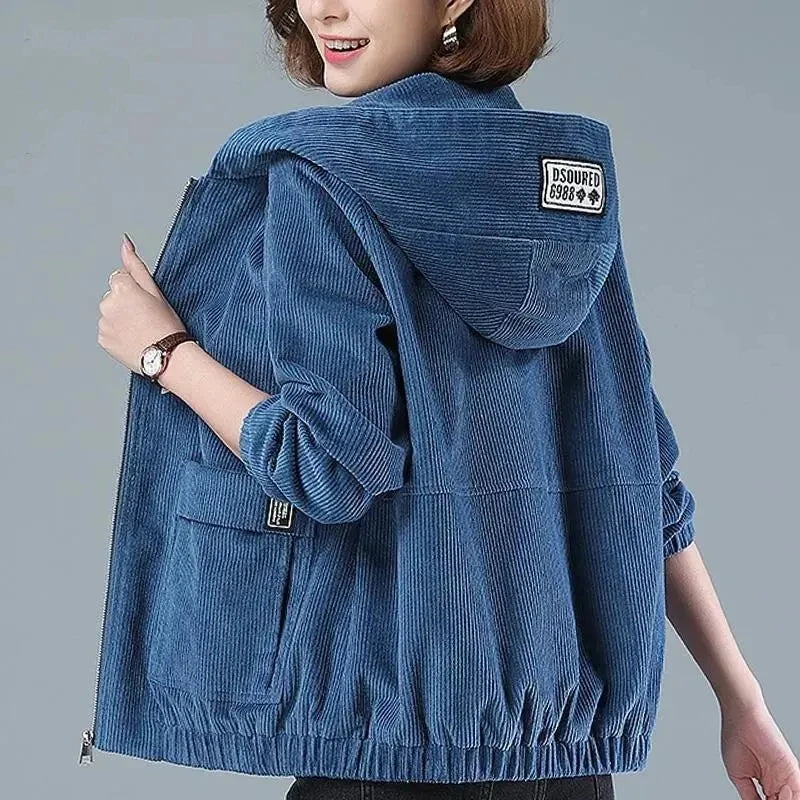 Corduroy Short Coat 5XL Women's 2024 Spring Autumn New Korean Loose Solid Hooded Jacket Fashion Casual Female Zipper Coat Tops