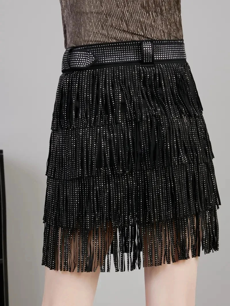 Rhinestones Multi-layer Tassel Belted Mini Skirt Casual Skirt For Spring& Summer Women's Clothing