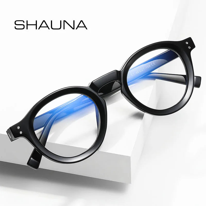 SHAUNA Anti-Blue Light Spring Hinge TR90 Retro Rivets Round Glasses Frames Fashion Computer Optical Eyeglasses