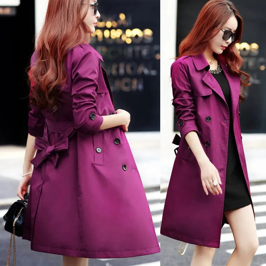 Purple Windbreaker Women's Mid-Length Trench Coat 2023 Spring New Korean Slim Waist British Casual Autumn Coat With Belt Outwear