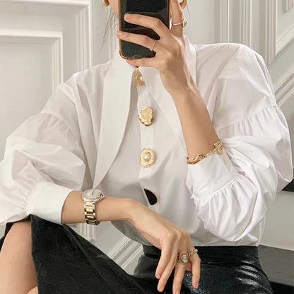 White Elegant Pearl Women Shirts Korean Sharp Corner Collar Loose Long Sleeve Ladies Blouse Y2k Fashion New Chic Female Tops