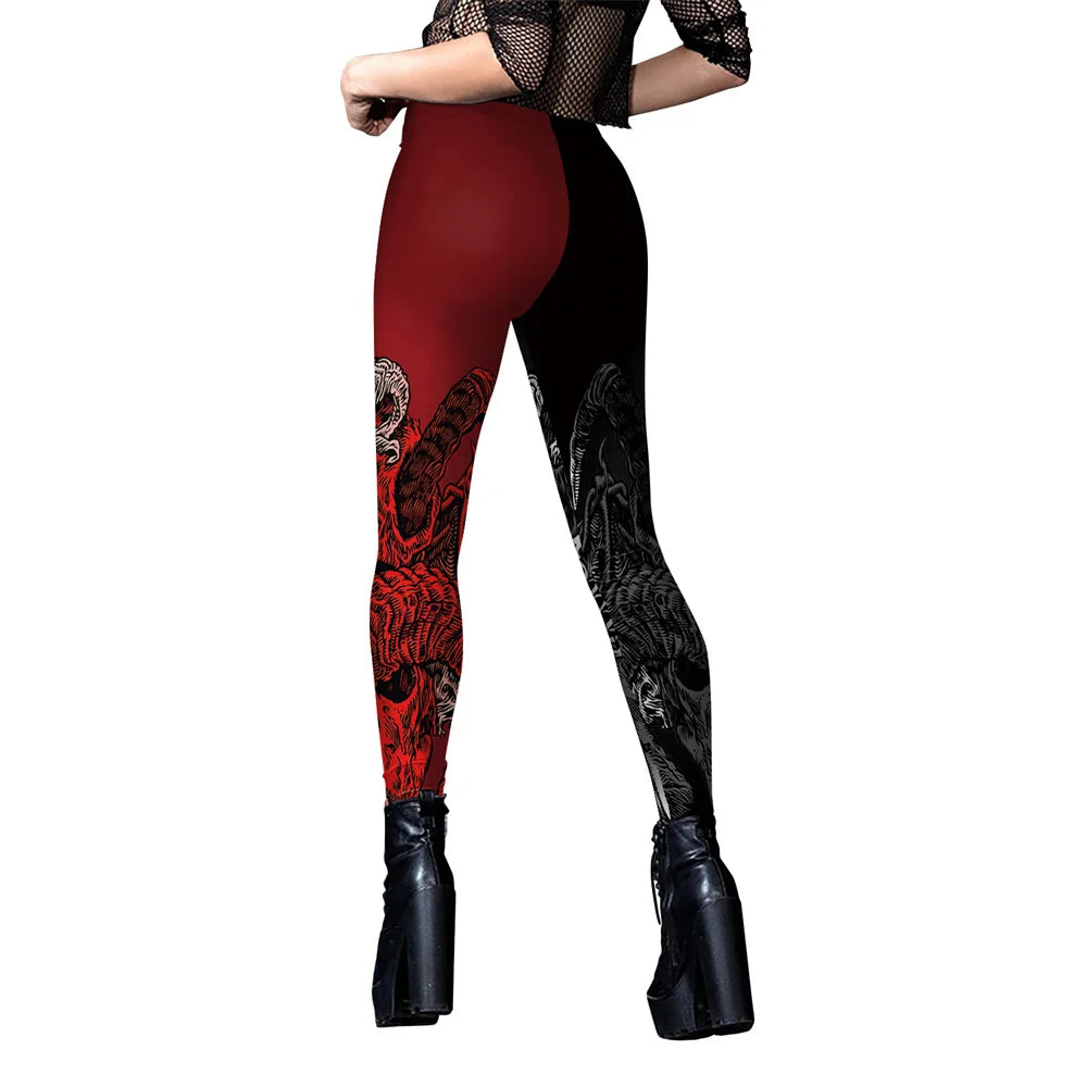 FCCEXIO Frauen Leggings Schwarz Rot Splice Schädel Druck Sexy Legging Weibliche Fitness Leggings Push-Up Stretch Leggins Mujer Halloween