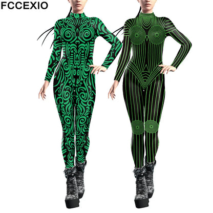 FCCEXIO Carnaval Fête Géométrique Ligne 3D Impression Femmes Sexy Skinny Combinaison Cosplay Costumes Fantaisie Slim Body 2023 Monos Mujer