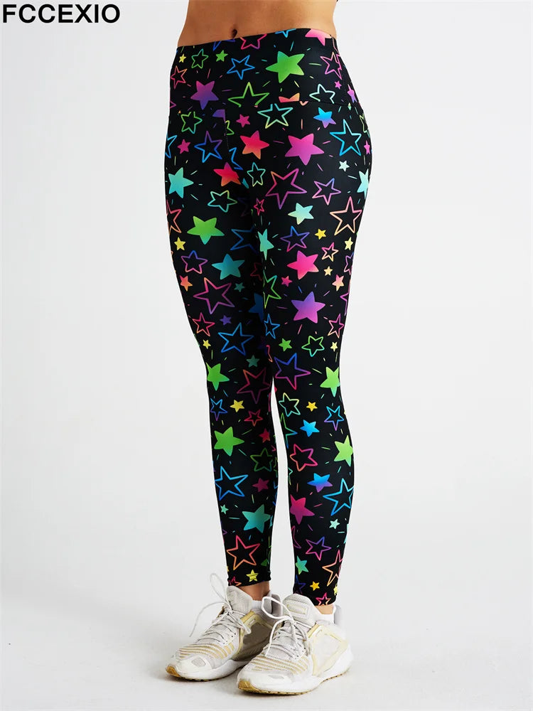 FCCEXIO Sexy New Many Colorful Stars Print Women's Sports Leggings High Waist Running Tght Fitness Workout Yoga Gym Pants