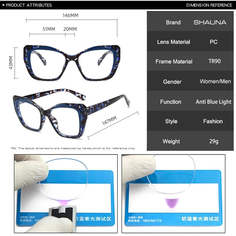 SHAUNA Retro Cat Eye Women TR90 Glasses Frame Clear Anti-Blue Light Optical Eyewear Men Colorful Leopard Frame