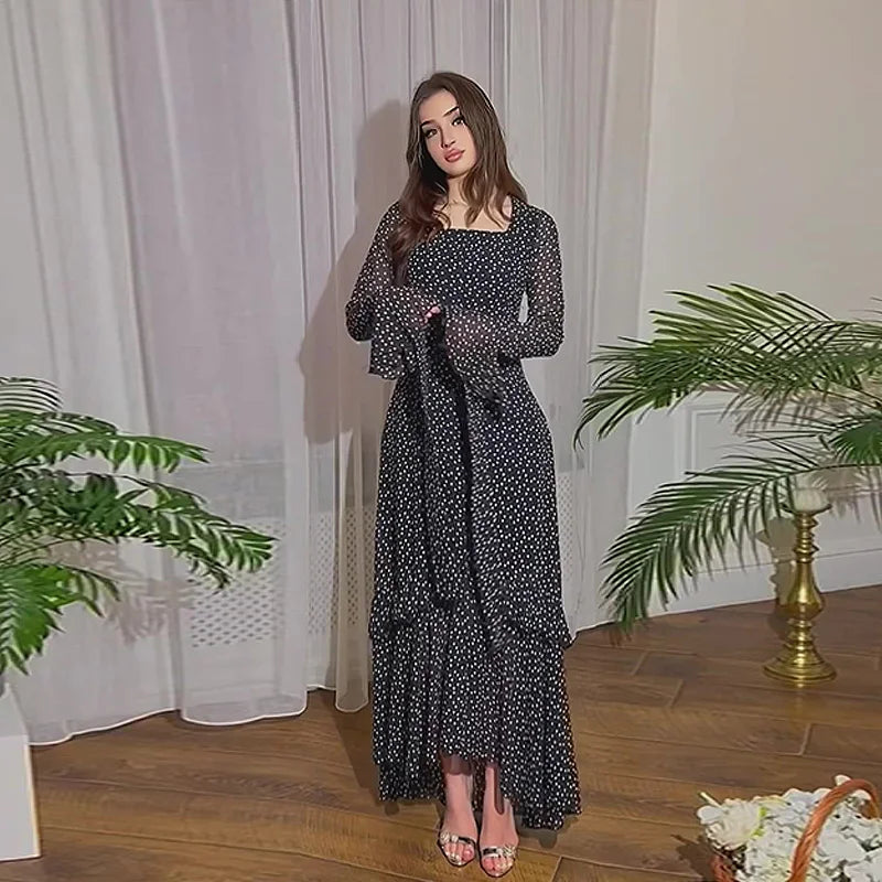 Polka Dot Print Chiffon Lotus Sleeve Desigh Dresses For Women High Waist Long Sleeve Elegant Dress Female Spring 2024