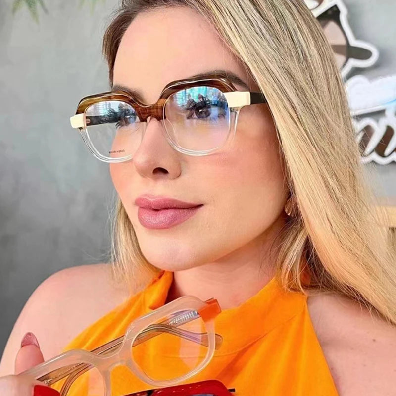 SHAUNA Retro Anti Blue Light Women Square Double Color Glasses Frame Fashion Leopard Men Optical TR Eyeglasses Frame