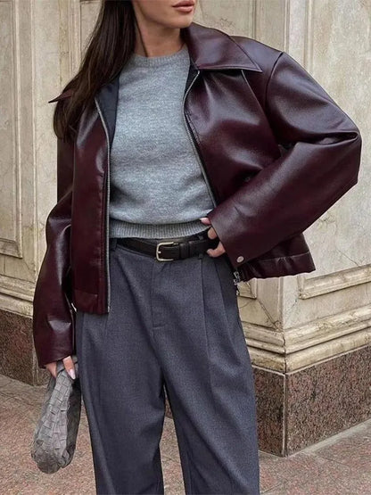 Vintage Wine Red Lapel Pu Women's Leather Jacket Zipper Chic Long Sleeved Casual Coats 2024 New High Street Fashion Outerwear