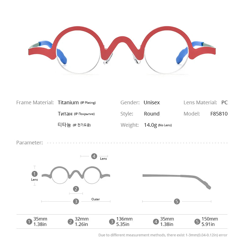 FONEX Reintitanium Brille Damen Retro Kleine Runde Halbrandlose Brille 2024 Herren Brillen F85810