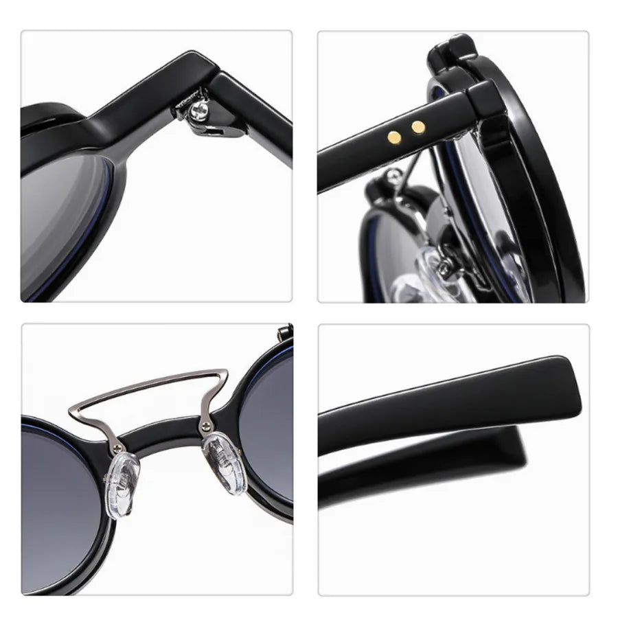 New Retro Punk Double Flap Round Sunglasses For Women Men Fashion Trending Sun Glasses Leopard Frame UV400 Rivets Eyeglasses