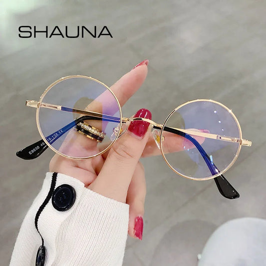 SHAUNA Anti-Blue Light Glasses Frame Spring Hinge Retro Super Round Metal Optical Eyeglasses Frames