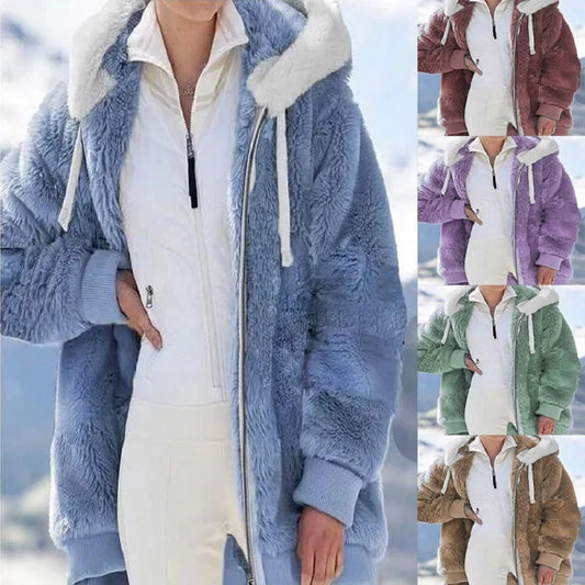 Veste à capuche ample à fermeture éclair en peluche pour femme, nouveau style automne et hiver