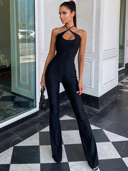 Black Jumpsuits For Women Overalls Crossover Neck Mounted One Piece Outfit Slight Flared Pants Bodysuit Sleeveless Jump Suit