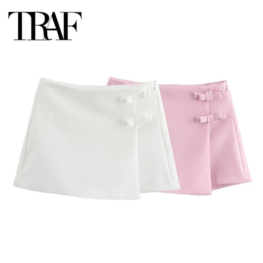 ONKOGENE 2024 Rosa Weiß Mini Rock Frau Mode Bogen Skort Für Frauen Sommer Schlitz Kurzen Rock Frau Split Hohe Taille rock Shorts