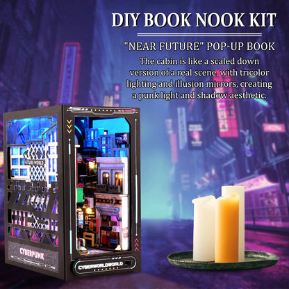 DIY Book Nook Kit 3D Wooden Puzzle Bookshelf Insert Decor with LED Light Mini Dollhouse Model Kit Insert Bookend Building Kit